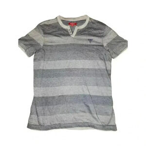 Guess Shirt Men Size L Blue Striped Short Sleeve Henley Cotton Blend 90s Classic